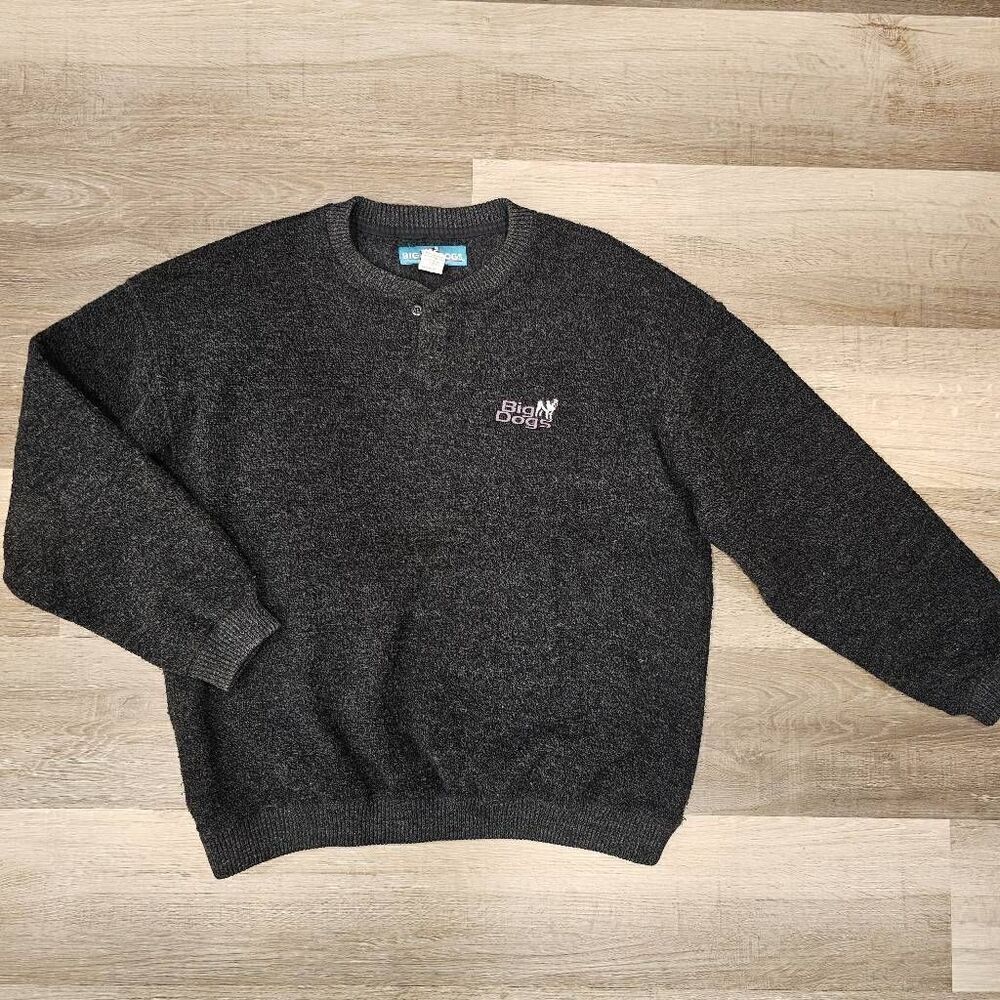 Big Dogs Vintage Black Fuzzy size medium Henley Sweater